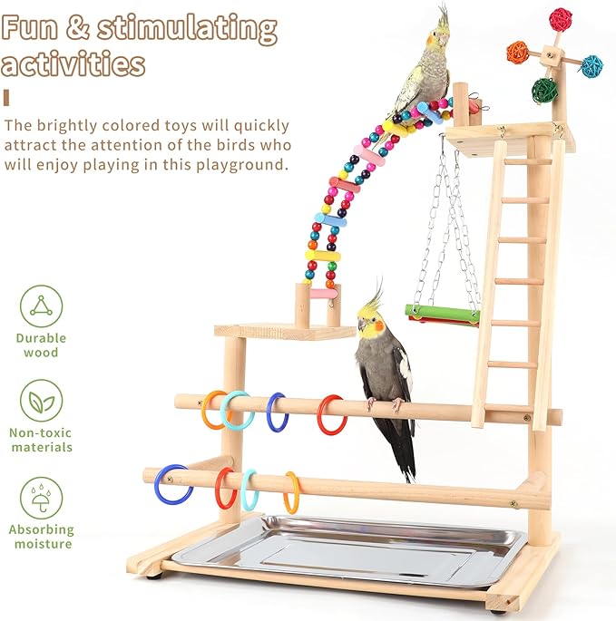 Bird Playground, Perch Stand Parrot Playstand Play Gym with 2 Perches Stand Windmill Toys, Playpen for Parakeet Conure Cockatiel Lovebird Budgie Caique, Exercise Playgym with feeding Cups-PawvioPets