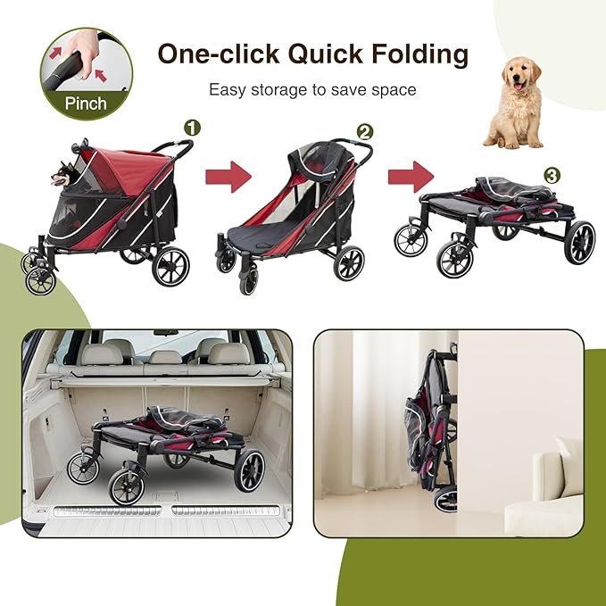 Dog Stroller for Medium/Large Dogs One-Click Folding, Extra Large Pet Stroller for 2 Dogs with Storage Pocket & Shock Absorption, Up to 130 lbs, Red-PawvioPets