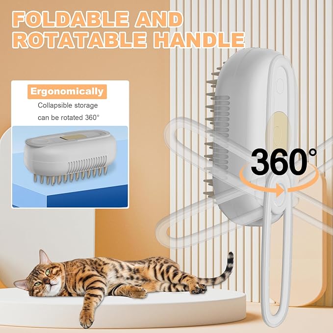 4 in 1 Cat Steam Brush for Shedding，Rechargeable Steam Pet Brush With Rotating Handle for Massaging, Self-Cleaning, and Pet Hair Removal for Long and Short Hair of Cat and Dog （Beige）-PawvioPets