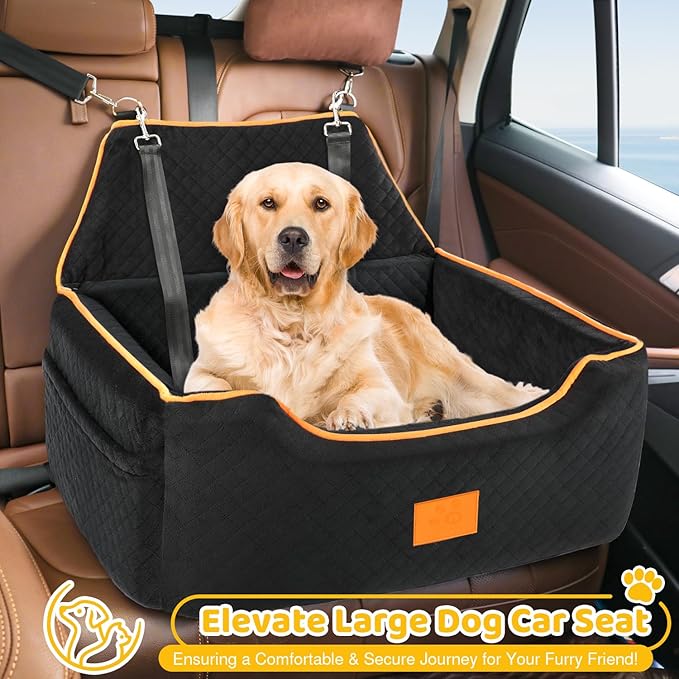 Dog Car Seat for Large/Medium Dog, Booster Seat for Dogs Under 55Lbs or 2 Small, Detachable and Washable Travel Pet Seat with Thick Cushion and Storage Pockets (Black)-PawvioPets