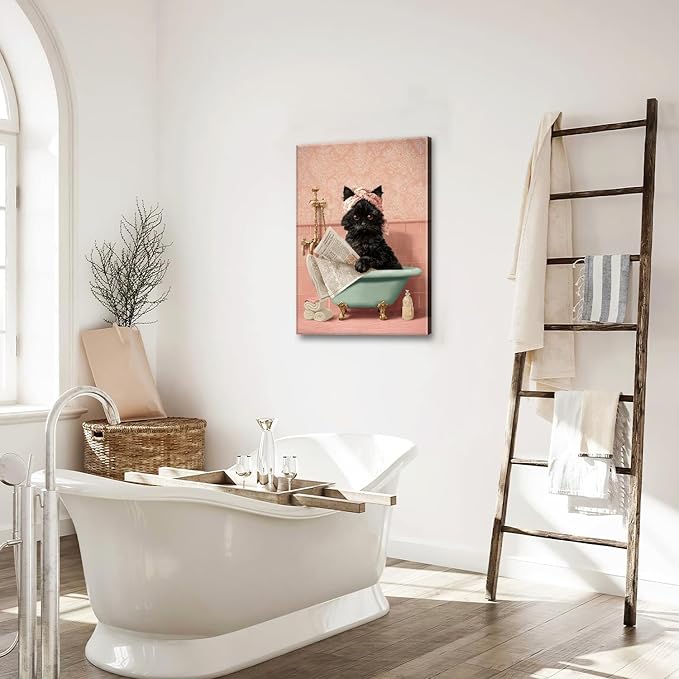 Cat Bathroom Wall Decor Black Cat Reading Newspaper in Bathtub Canvas Wall Art Funny Bathroom Pictures Kitten Painting Print Pink Artwork Framed Decorations Gifts 16"x24"-PawvioPets