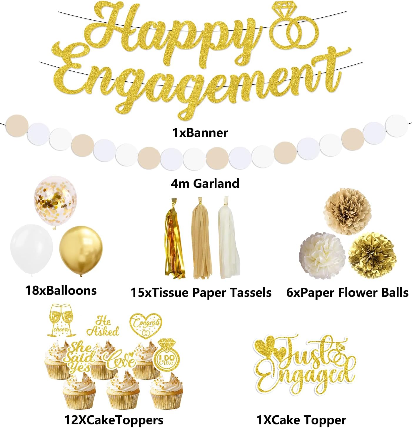Engagement Party Decorations, Just Engaged Decorations, Happy Engagement Banner Set with Paper Pom Poms, Tissue Tassels, Balloons, Garland & Cake Topper for Wedding Bachelorette Party (Gold)