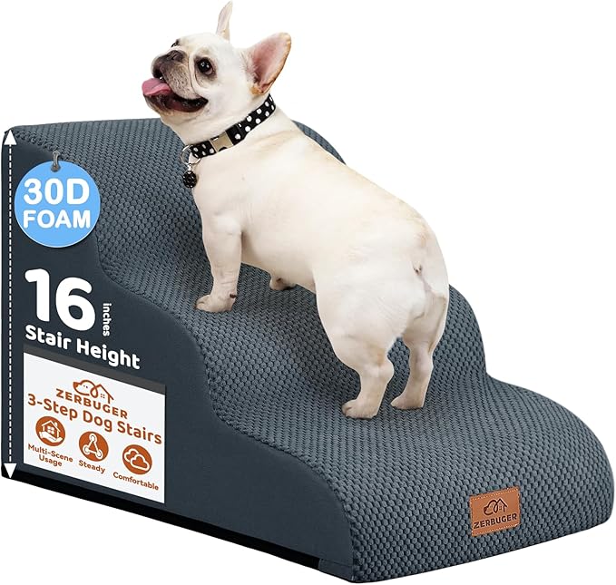 Dog Ramp and Stair for Bed 16" H-20 H,3-Step Cat Stair for Sofa and Chair,4-Step Dog Ramp for High Bed and Window,Durable Nonslip Fabric Cover for Indoor (Dark Grey-16 H, Pet Friendly, 3)-PawvioPets