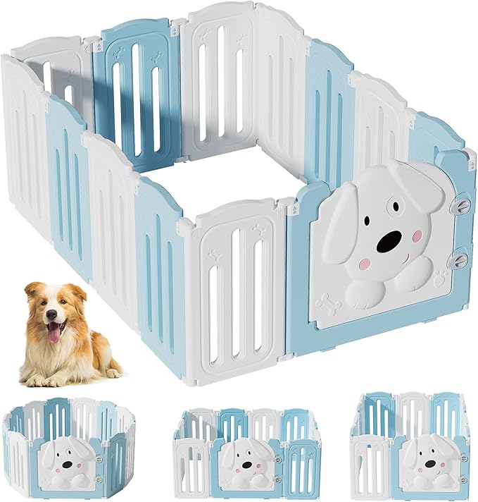 Foldable Dog Play Pen Indoors, Non-Slip Sturdy Puppy Playpen with Door, 25.5" H 12-Panel Adjustable Shape Dog Fence Pen for Small/Medium Dogs, Thickened, Easy to Store, White+Blue-PawvioPets