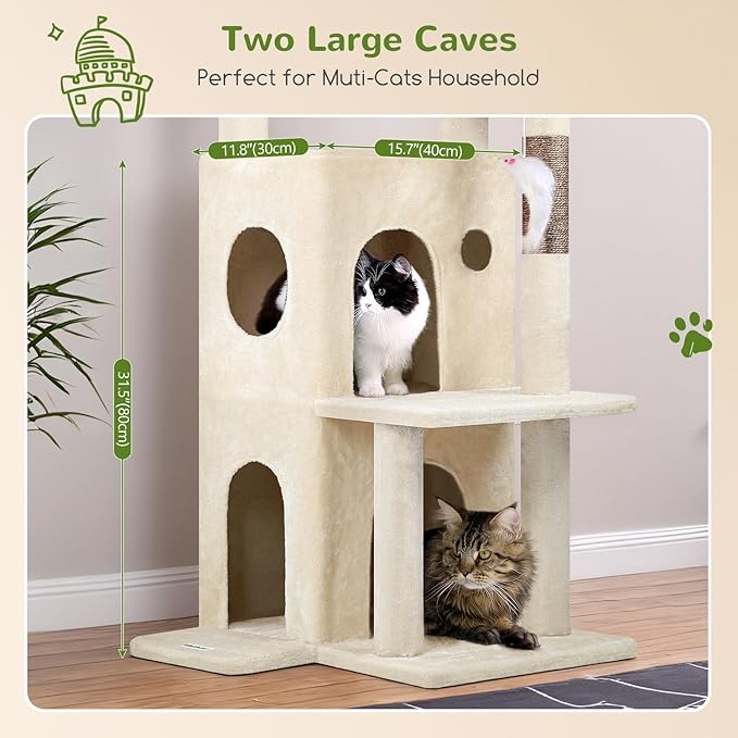 Globlazer Cat Tree Tower for Indoor Cats, 50-inch Adult Cat Tree House for Large Adult Cats with Steps, Scratching Post, 2 Cat Caves, Dangling Toys, FC50, Beige-PawvioPets