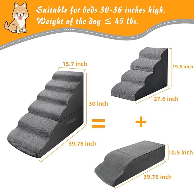 Dog Stairs&Steps for 30 Inches Tall High Bed, Pet Dog Ramp Ladder for Small Medium Dogs, Doggie, Old Cats, Kitty, Small Animals(Grey, Up to 30-36 Inch Tall Bed)-PawvioPets