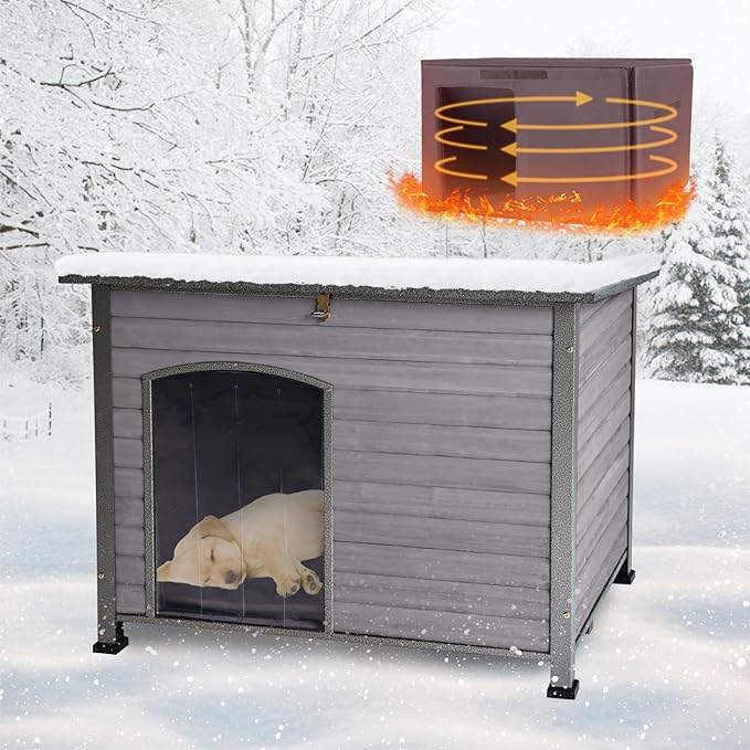 Feral Dog House Outdoor,Anti Bite Iron Frame Dog Kennel,Wood Warm Pets Home,Insulated Weatherproof Outside Shelter for Feral Animal (43.3" (L) x 29.4" (W) x 33.4" (H)-Grey-in)-PawvioPets