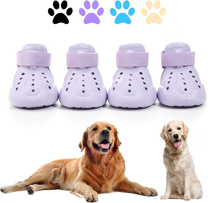Dog Shoes, Dog Sandals for Hot Pavement, Non-Slip Waterproof Dog Booties for Winter Snowy Day and Summer, Adjustable Straps Easy-Clean Beach Outdoor Pet Boots Rugged Sole-4Pcs Purple-PawvioPets