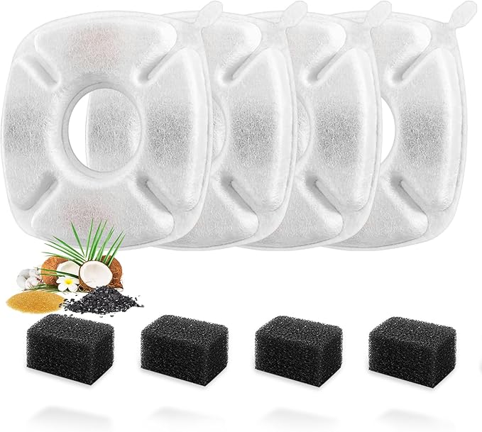 8 Pcs Cat Fountain Replacement Filters 4 Pack Cat Water Fountain Replacement Filters with 4 Pack Pre-Filter Sponges, Pet Fountain Filter Fit for 95oz/2.8L Automatic Pet Fountain Cat Water Fountain-PawvioPets