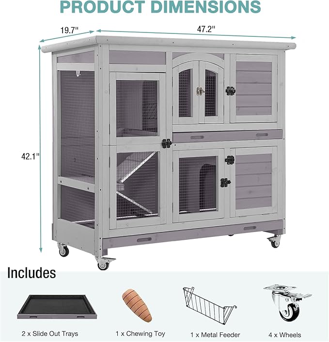 2-Tier Indoor Rabbit Hutch Bunny House Guinea Pig Cage with Sliding Plastic Trays, Wheels & Ramp, 47.2" Multi-Door Wooden Small Animal Cage for Rabbits, Bunnies, and Guinea Pigs (Grey)-PawvioPets