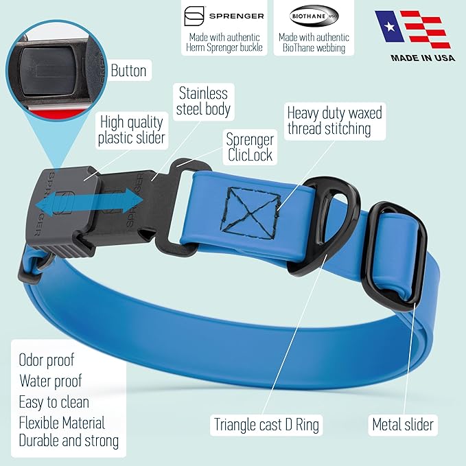 Dogline Biothane Waterproof Dog Collar with Herm Sprenger Stainless Steel Quick Release Buckle – Heavy Duty Tactical Durable Collar for Dogs – Comfortable and Safe Pet Collar, W 3/4" L 12-19", Blue-PawvioPets