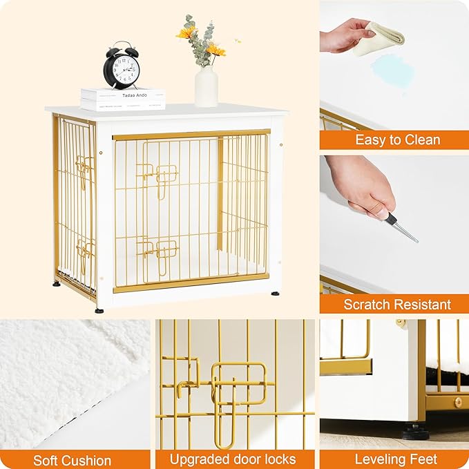 DWANTON Dog Crate Furniture with Cushion, Wooden Kennel Table with Double Doors, Indoor Dog House, Small/Medium/Large Size, 27.2" L, White-PawvioPets