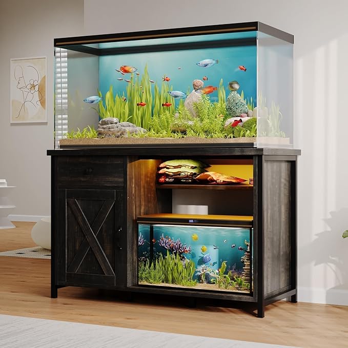 4ever2buy 55 Gallon Fish Tank Stand with LED Light & Power Outlets, 55-75 Gallon Aquarium Stand with Drawer & Barn Door, Cabinet for Fish Tank Accessories Storage for Reptile Tank, Turtle Tank, Oak-PawvioPets