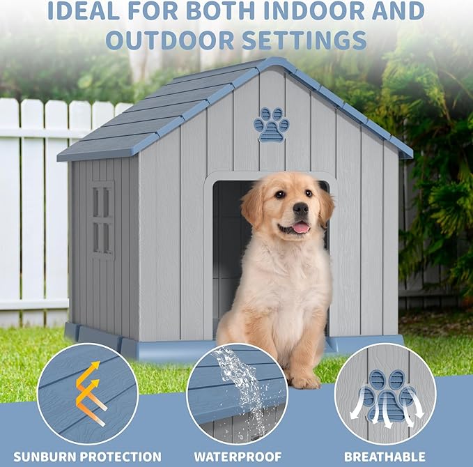 DRATO Dog House Indoor Outdoor for Small to Large Sized Dogs Indoor Outdoor Doghouse Puppy Shelter with Elevated Floor, Easy to Assemble (Blue, 31Inch(31.18 * 33.7 * 32.52))-PawvioPets