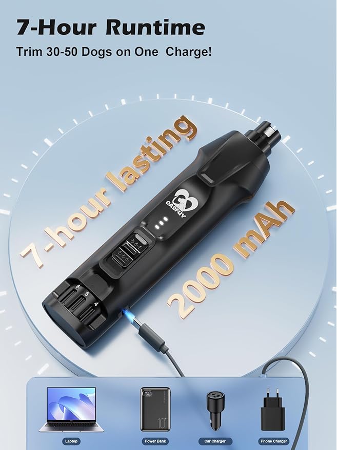 Casfuy 6-Speed Dog Nail Grinder – 50%+ Boost Power Dog Nail Trimmers Quiet with Dust Cap & 2 LED Lights & 2000mAh Battery & 4.8V Motor Electric Pet Toenail File Tool for Large Medium Small Dogs Cats-PawvioPets