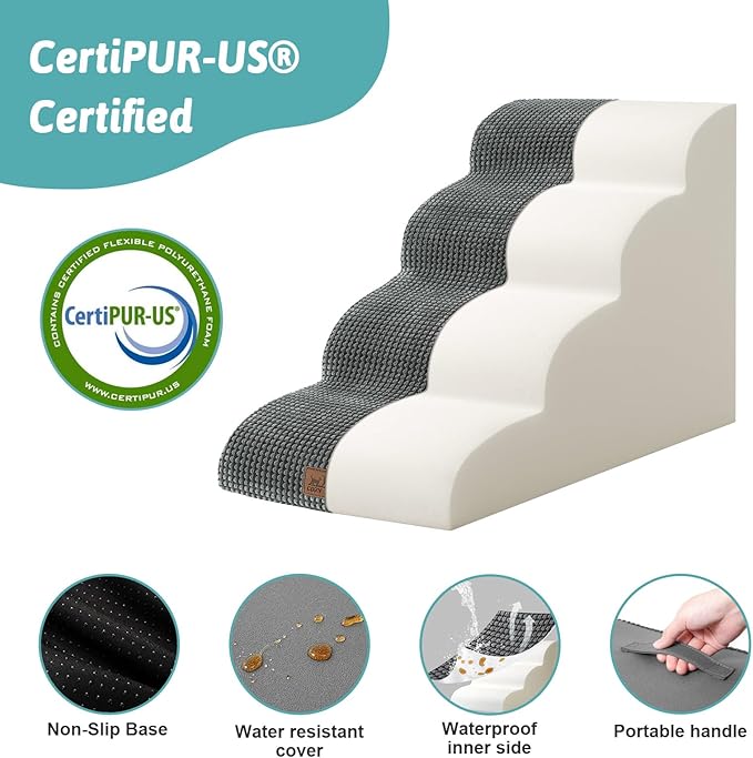 Dog Stairs for Small Dogs 19.7" H, Curved Dog Step for Puppy, Older or Cat, Medium Pet Ramp for Sofa, Couch or Bed, Ladder with High Density Foam, 15.7x28.3x19.7 inch, 4 Step, Dark Grey-PawvioPets