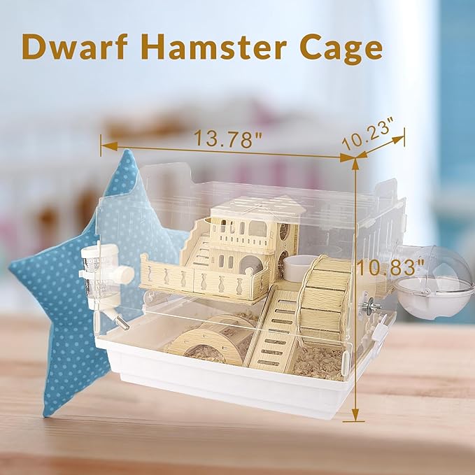 Cycodo 8 in 1 Acrylic Hamster Cage,2-Tier Dwarf Hamster Cage with Wooden Wheel & Hideout,Small Hamster Habitat with Accessories,Clear Pet Mice House(White,14" L*10" W*11" H)-PawvioPets