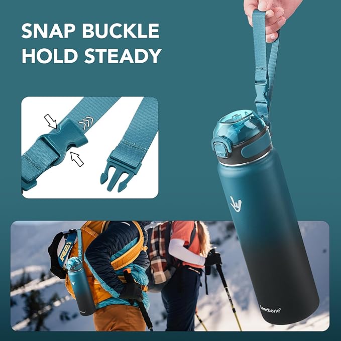 Enerbone 32 oz Insulated Water Bottle, Stainless Steel Bottle with Carrying Strap, Double-Wall Vacuum Insulation Design, Leakproof Sports Bottle with Straw, Keep Drinks Cold or Hot for Hours-PawvioPets