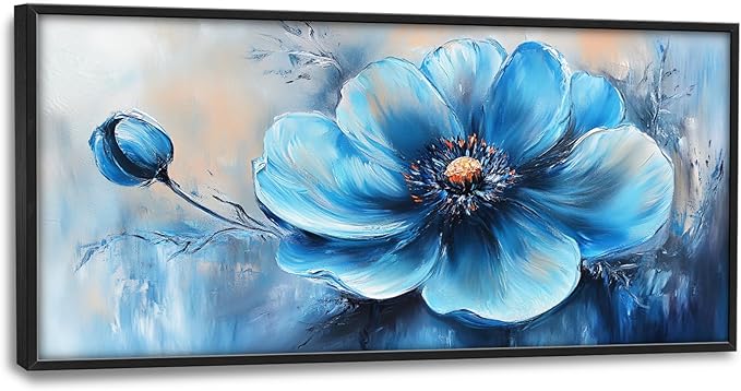 Extra Large Abstract Blue Flower Framed Wall Art for Living Room,Oversized Elegant Floral Pictures Wall Decor,Canvas Print Painting Modern Artwork Bedroom Office Bathroom 60L" x 30W"-PawvioPets