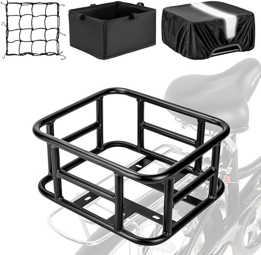 Bike Basket Rear with Liner,Waterproof Cover,Cargo Net Large Rear Bike Basket,Heavy Duty Bicycle Rear Basket for Electric Bike, Ebike,Great for Bike Trip,Carrying Grocery,Ball,Dog-PawvioPets