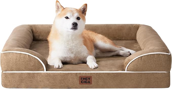 EHEYCIGA Orthopedic Dog Beds for Large Dogs, Waterproof Memory Foam Large Dog Bed with Sides, Non-Slip Bottom and Egg-Crate Foam Pet Couch Bed with Washable Removable Cover, Camel-PawvioPets