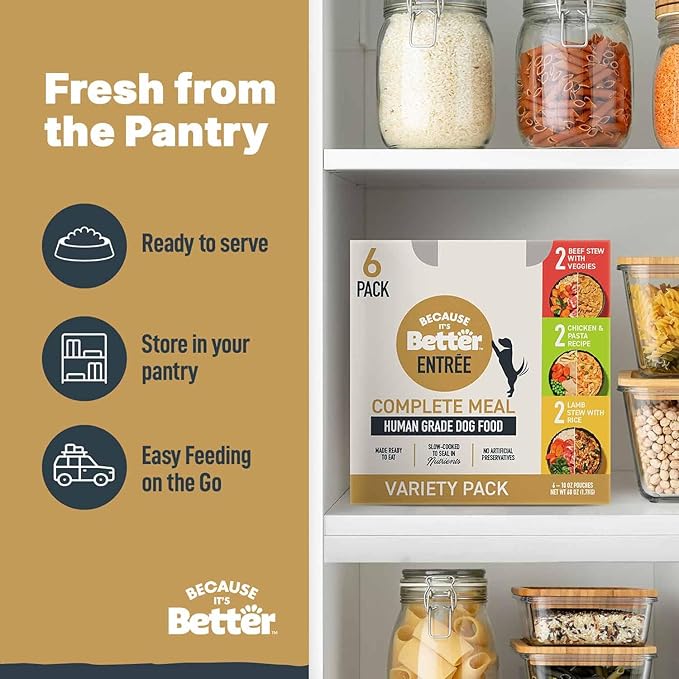 Because it's Better Entrée Complete Meal, Variety Pack, Human Grade Wet Dog Food, 10 oz Pouches, 6 Count-PawvioPets