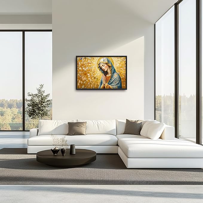 Extra Large Virgin Mary Framed Wall Art for Living Room,Oversized Golden Christian Religious Pictures Wall Decor,Canvas Print Painting Modern Artwork Bedroom Office Bathroom 36L" x 24W"-PawvioPets