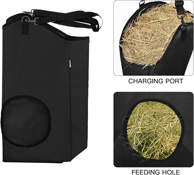 3 Packs Goat Hay Feeder,Hay Bags for Goats,Horses,Sheep,Premium 600D Oxford Cloth,with Metal Fastener and Adjustable Open Feed Hole for Slow Feeding. (3 Black)-PawvioPets