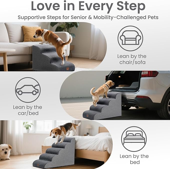 GoGoBunny Ramp Dog Stairs for Couch Sofa and Chair 15.7" H, 3-Step Pet Steps for Small Dogs and Cats, Non-Slip Waterproof Fabric Cover, Stable and Balanced Indoor Step, Pets Friendly, Grey-PawvioPets