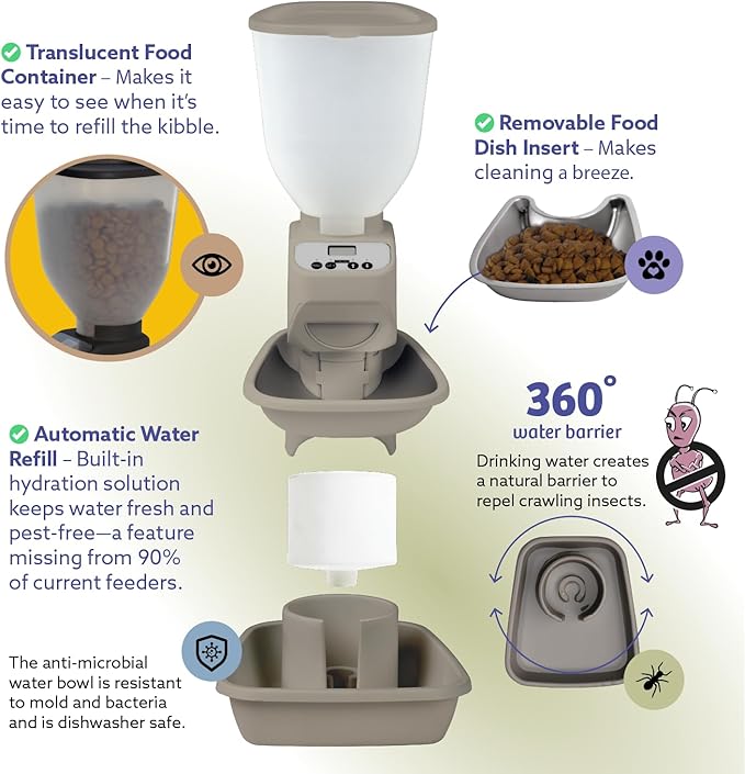 Automatic Dog & Cat Food Feeder with Water Dispenser – Smart Pet Feeder with Portion Control, OLED Display, Anti Jam Design, Battery Operated Dispenser for Small Pets - Taupe-PawvioPets