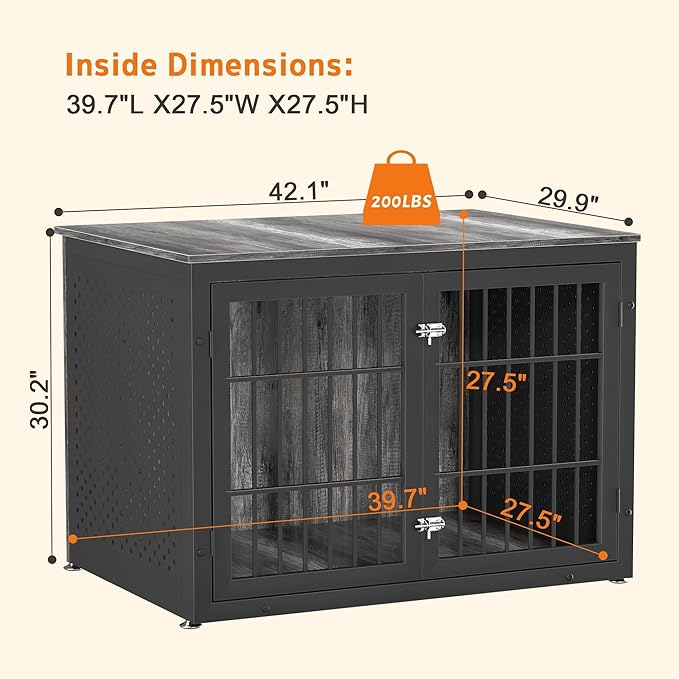 42" Heavy Duty Dog Crate Furniture for Large and Medium Dogs, Enclosed Design Wooden Metal Kennel, Pet Cage Furniture Indoor, Decorative Dog Kennel, End Table-PawvioPets