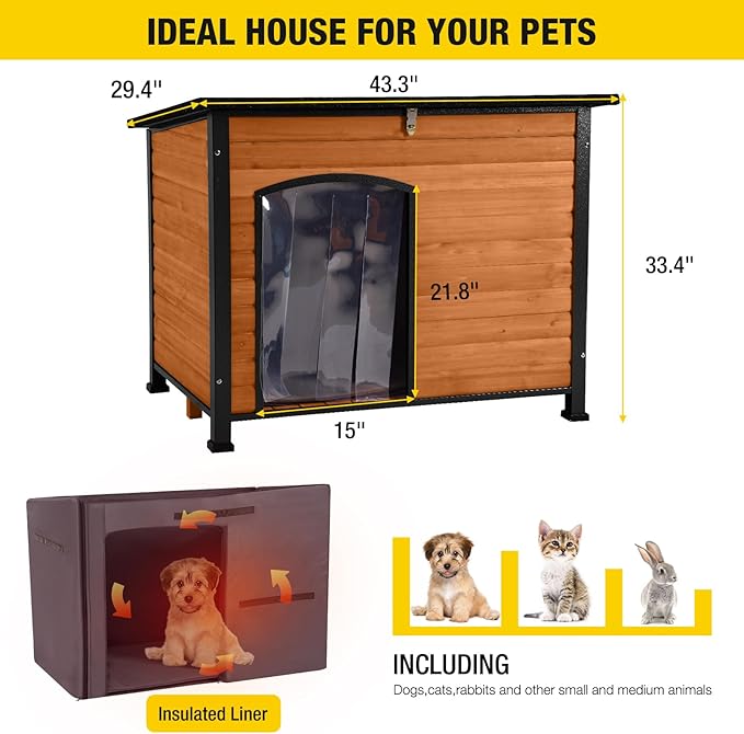 Aivituvin Dog House Outdoor & Indoor Dog Kennel with Insulated Liner for Winter Waterproof Large Dog Cage for Small & Medium & Large Dogs,Unique All-Around Iron Frame-PawvioPets