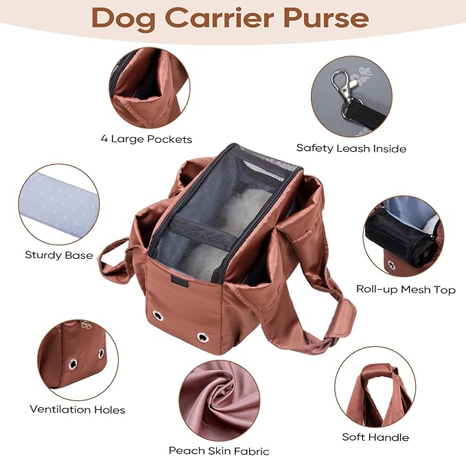 Dog Purse Carrier for Small Dogs, Cats, and Puppies – Soft-Sided Travel Pet Tote Bag with 4 Large Pockets, Foldable, Lightweight, Fits Pets up to 15 lbs, for Travel, Outings (Brown)-PawvioPets