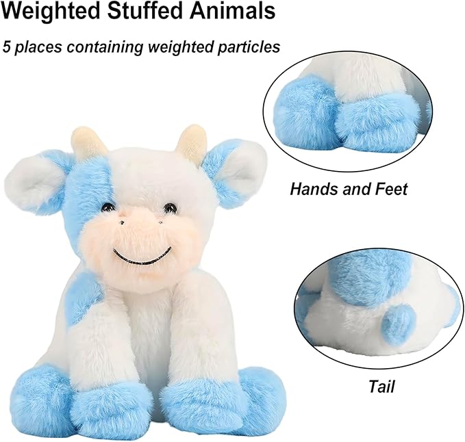 Blue and White Cow Weighted Stuffed Animal 20cm/7.87in Cute Sitting Cow Plush Toy with Smile Soft Fluffy Small Farm Plushie for Kids Adults Birthday Festival Gift Bed Home Office Decor Toys-PawvioPets