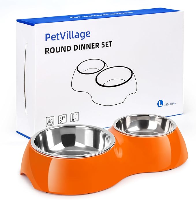 Elevated Dog Bowls Set - Non-Slip Raised Pet Feeder with Medium (10 oz) & Large (20 oz) Stainless Steel Bowls - Includes Durable Resin Stand for Puppies, Adult Dogs & Cats - Orange-PawvioPets