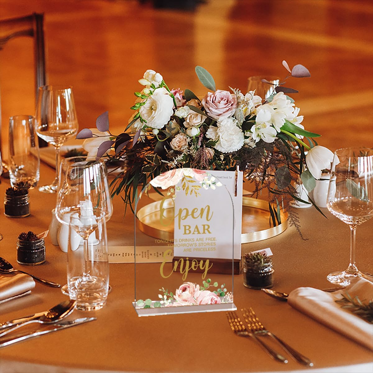 Acrylic Wedding Signs, Bridal Shower Decorations, Open Bar Signs for Reception, Modern Calligraphy Arch Acrylic Table Top Sign for Wedding Reception and Engagement Parties (Clear Pink Flowers)