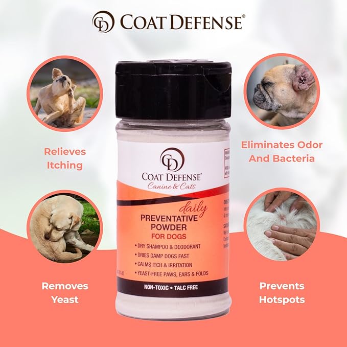 COAT DEFENSE Preventative Powder | Made in USA | 3.5oz Waterless Dog Shampoo & Pet Deodorizer for Smelly Dogs | Provides Anti Itch Relief | Dog Shampoo for Dry Itchy Skin & Smelly Dogs-PawvioPets