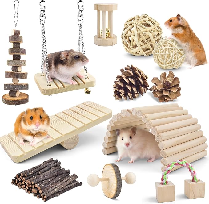 ERKOON New 12 Pack Hamster Chew Toys Gerbil Rat Guinea Pig Chinchilla Chew Toys Accessories, Natural Wooden Dumbbells Exercise Bell Roller Teeth Care Molar Toy for Rabbits Bird Rabbits Hamster Gerbil-PawvioPets
