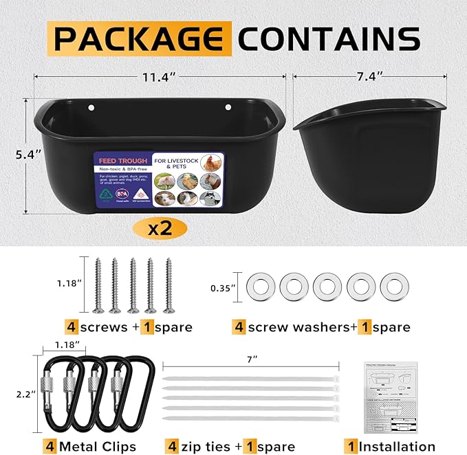 Goovilla Chicken Feeder Waterer, Hanging or Screw-in Fence Feeders with Clips, 2 Pack 5 Quart Goat Feeding Supplies, Duck Piglet Sheeple Coop Dog Livestock Poultry Plastic Feeder Trough Bucket, Black-PawvioPets