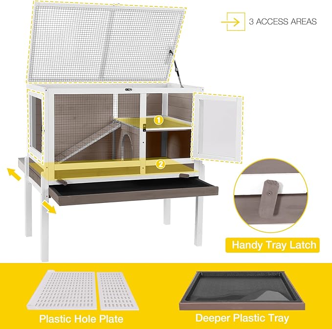 Aivituvin Rabbit Hutch with Stand Wooden Bunny Cage Indoor 2 Story Guinea Pig House with Anti Chew Ramp, No Leak Tray, Hideout, Wire Mesh (Brown)-PawvioPets