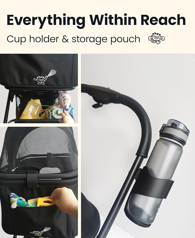 4 Wheels Pet Stroller, Dog Stroller for Small/Medium Dogs and Cats up to 33 lbs, One-Click Fold & Draggable, Removable Carrier, Zipperless Entry, Mesh Windows, Black-PawvioPets