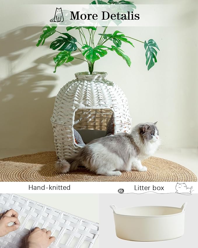 Cat Litter Box Plant Enclosure, Hidden Handwoven Rattan with Cat Litter Box Furniture and Artificial Plants, Odor Control Filter, Real Stones in Living Room, Bedroom, Corner (White)-PawvioPets