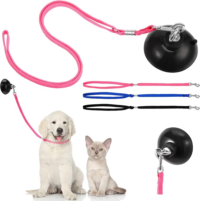 Frienda 4 Pieces Dog Bathing Tether with Suction Cup Pet Dog Grooming Tub Restraint Loops and Adjustable Cat Fixed Safety Rope for Pet Shower Bathing Grooming(Blue Black Pink)-PawvioPets