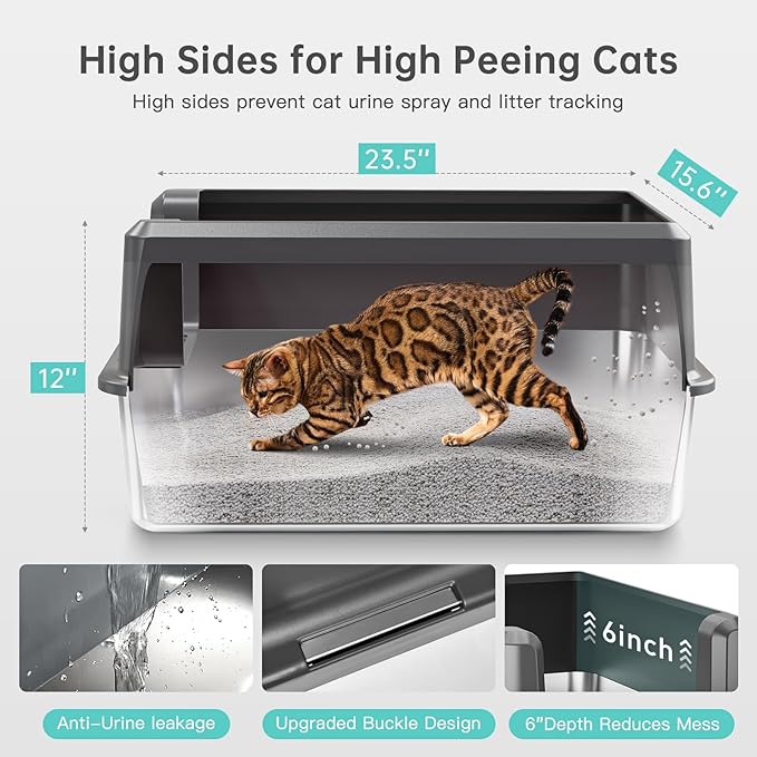 Enclosed Stainless Steel Cat Litter Box with Lid, XL Extra Large Litter Box for Big Cats, Metal Litter Pan High Sided, Never Absorbs Odors, Anti-Urine Leakage, Easy Cleaning, Include Scoop-PawvioPets