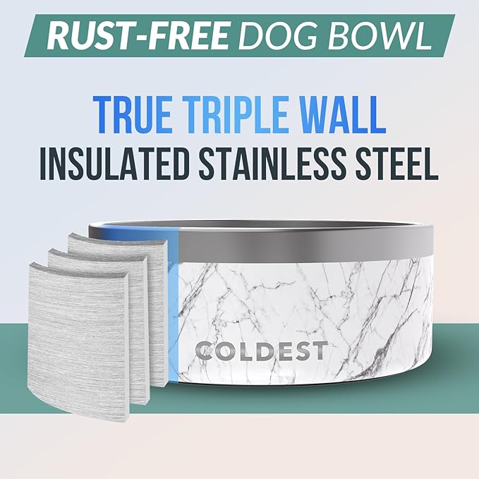 Coldest Dog Bowl - Anti Rust Metal, Non Slip, 3 Layers Insulated Stainless Steel Dog Bowls - Spill Proof & Heavy Duty - Water Bowl for Dogs, Cats & Pets, Dish Washer Safe (100 oz, Carrara Marble)-PawvioPets
