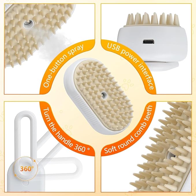 4 in 1 Cat Steam Brush Rechargeable pet spray comb Steam Brush for Cats and Dogs, Massage, Cleaning, Shedding & Combing Multifunctional Hair Removal Anti Static Grooming Tool for home (White)-PawvioPets