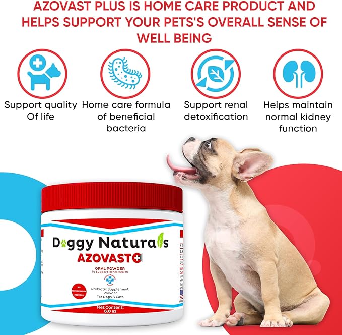 Azovast Plus Kidney Health Supplement for Dogs & Cats, Oral Powder (6 Oz) - (120 Doses/Jar) NO Refrigeration Required - Help Support Kidney Function & Manage Renal Toxins (Made in U.S.A) (6 Oz)-PawvioPets
