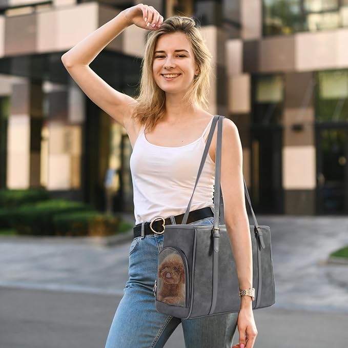 Fashion Dog Purse Pet Carrier Leather Bag for Small Dogs Cats Puppy, Portable Tote Bag Airline Approved Soft-Sided Carriers (Grey)-PawvioPets