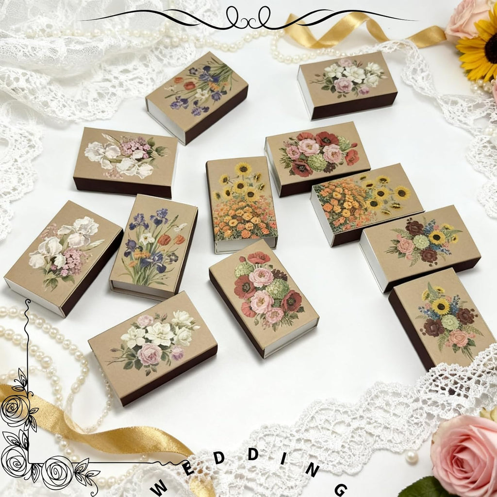 60pcs Flower Match Boxes, 2.25x1.42x0.59in Bulk Fall Spring Floral DIY Light Brown Storage Containers Holders Double-Sided Strikers Wedding Bridal Baby Shower Birthday Party Favor, No Matches Included
