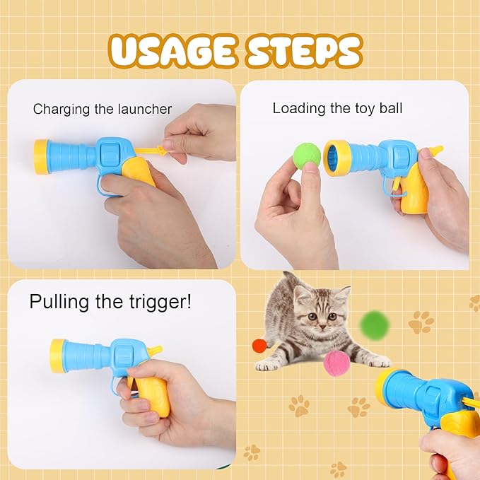 100Pcs Cat Toys Pom Pom Balls with 2 Launchers Set, Interactive Cat Toy Stuff for Indoor Both Adult & Kitten Toys-PawvioPets
